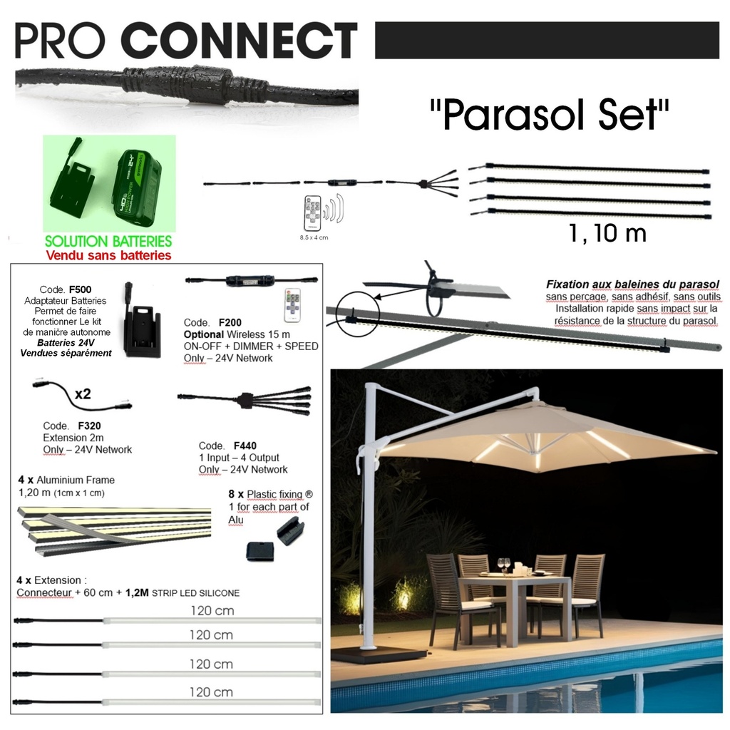 Kit Eclairage Parasols PRO : 4x Bandeau LED 1.1m (4x750 Lumens) sur batteries