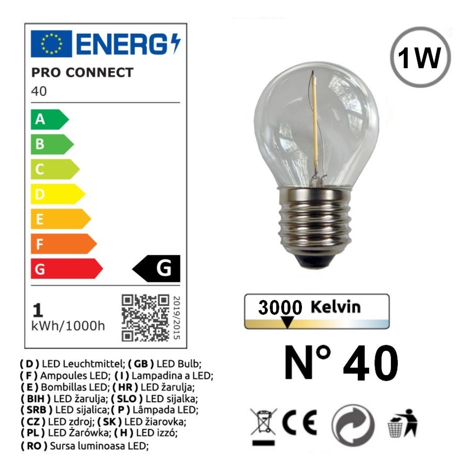 G40 - Amp. E27/G45 Fil. LED 1W 3000K