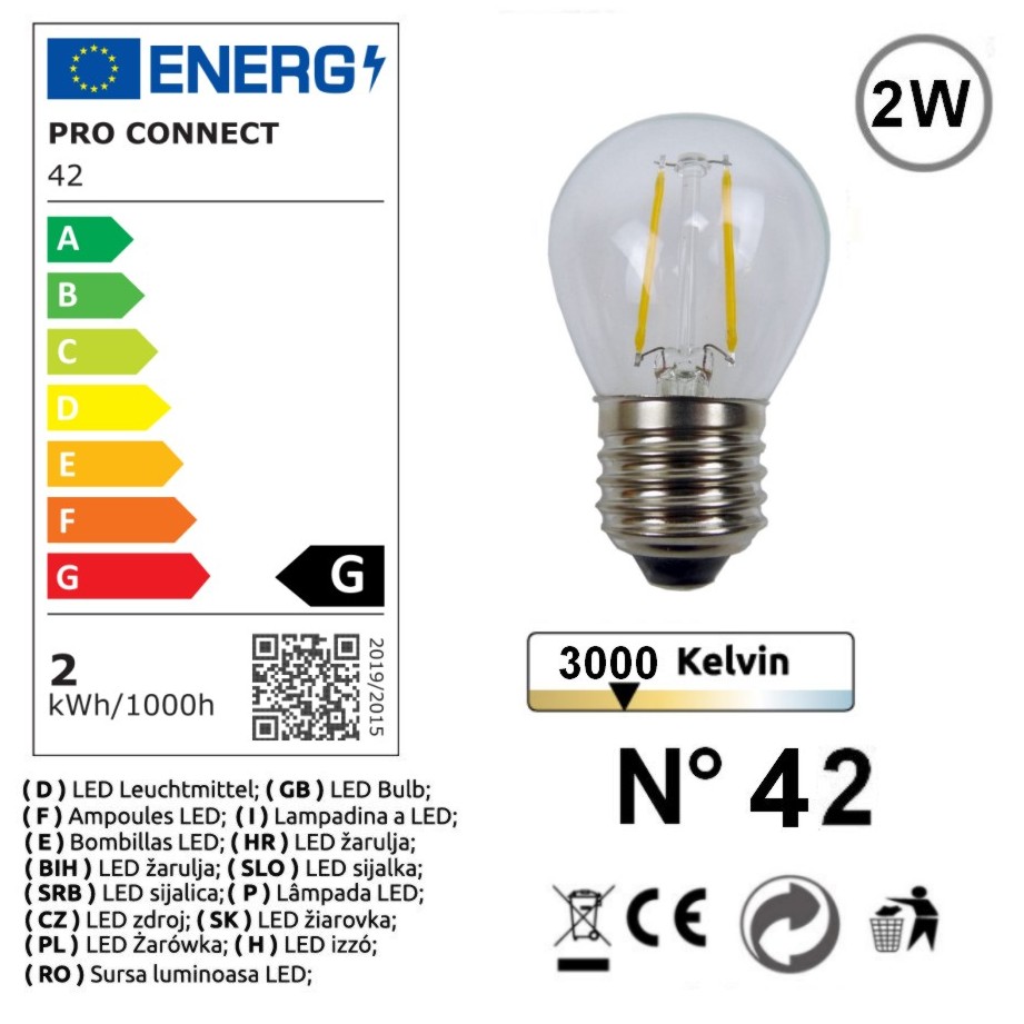 G42 - Amp. E27/G45 Fil. LED 2W 3000K