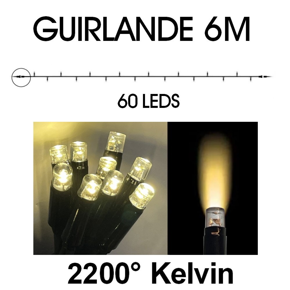 9520 - EXTENSION - Guirlande 60 LEDS (Fixe) - 6 m - Fil Noir - Blanc Chaud 2200°k