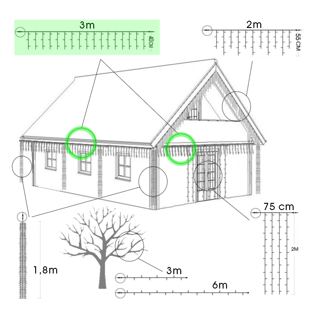 9542 - EXTENSION - Frange courte 60 LEDS (Flash) - L 3 m x H 40 cm -  Fil Noir - Blanc Chaud 4000°K