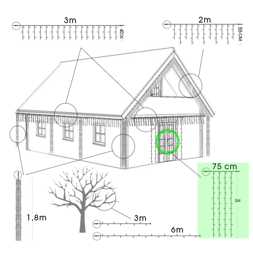 9550 - EXTENSION - Rideau long 60 LEDS (fixe) - Larg. 0,75m x Ht 200cm - Fil Noir - Blanc Chaud 2200°K