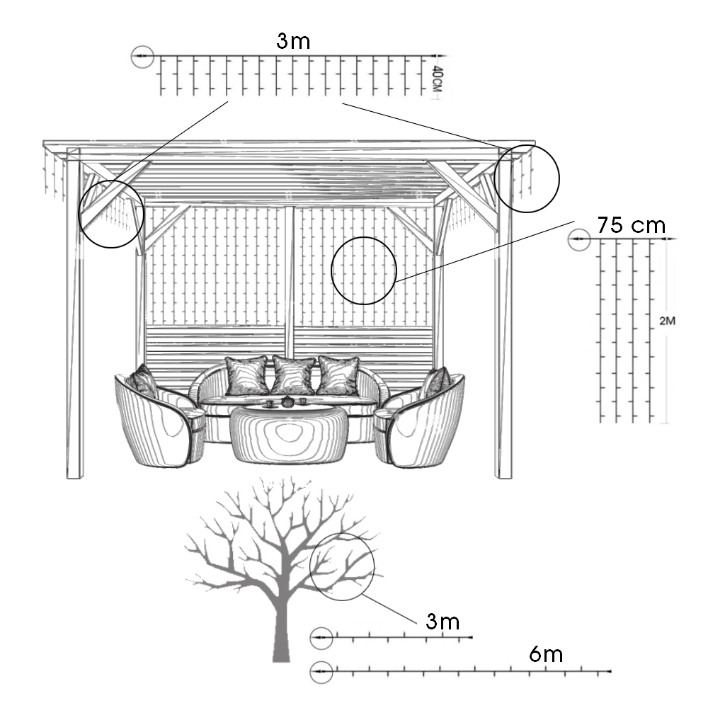 9550 - EXTENSION - Rideau long 60 LEDS (fixe) - Larg. 0,75m x Ht 200cm - Fil Noir - Blanc Chaud 2200°K