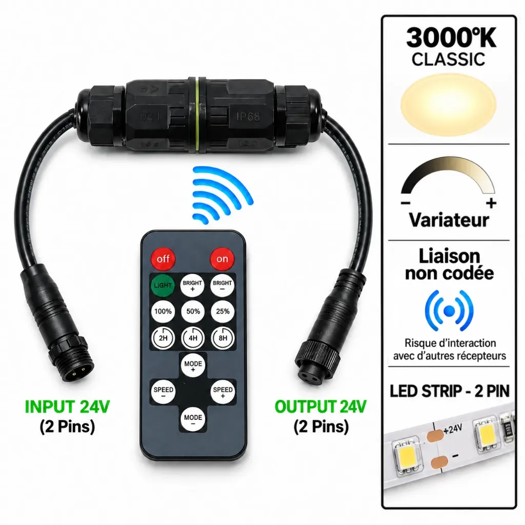 Télécommande + Boitier récepteur 24V pour Bandeaux LED (3000°K)