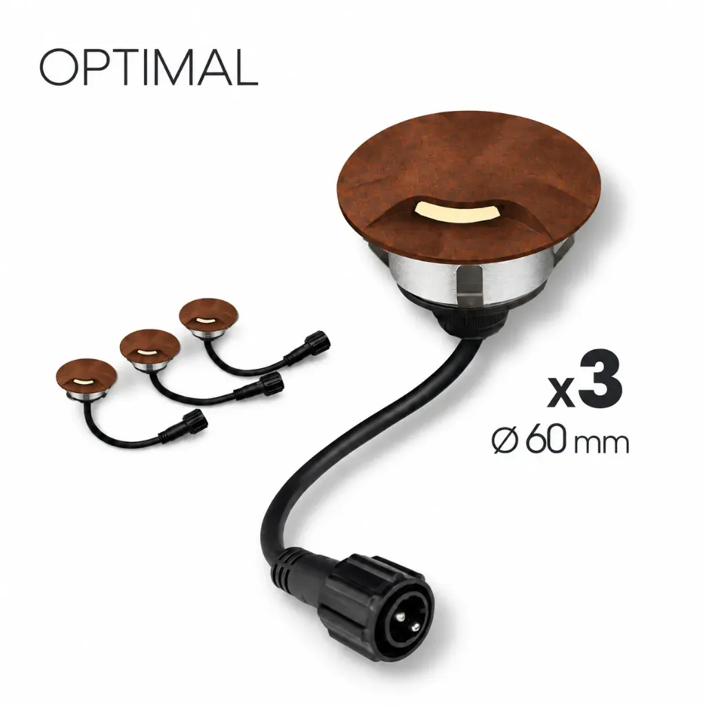3 Spots encastrés bois Ø6cm Corten - Diffuseur 1 fenêtre - OPTIMAL