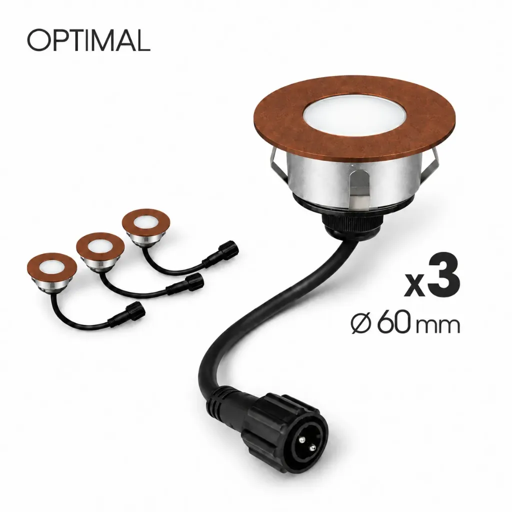 [2036-D320] 3 Spots encastrés bois Ø6cm Corten 3000°K - OPTIMAL