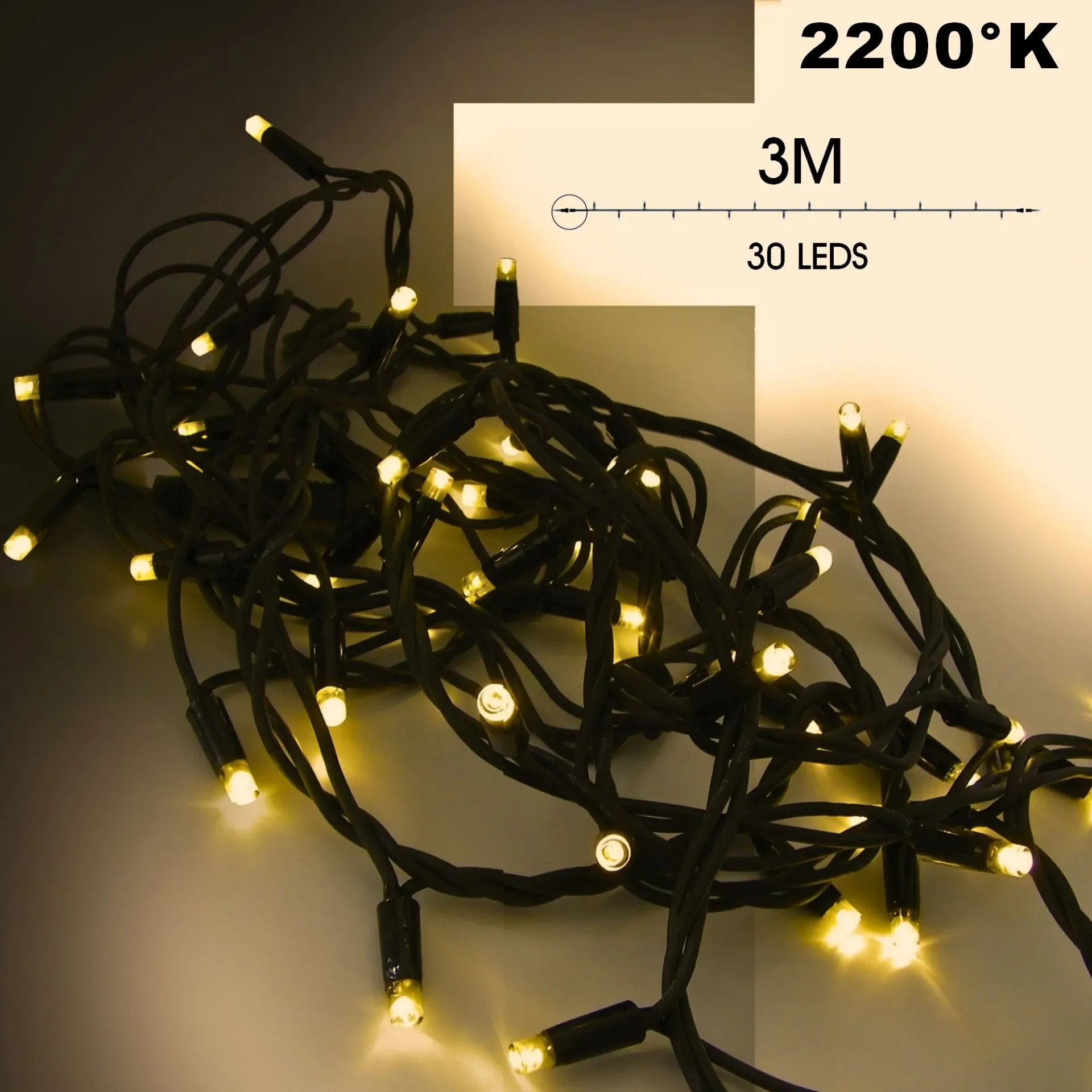 EXTENSION - Guirlande 30 LEDS (Fixe) - 3 m - Fil Noir - Blanc Chaud 2200°k