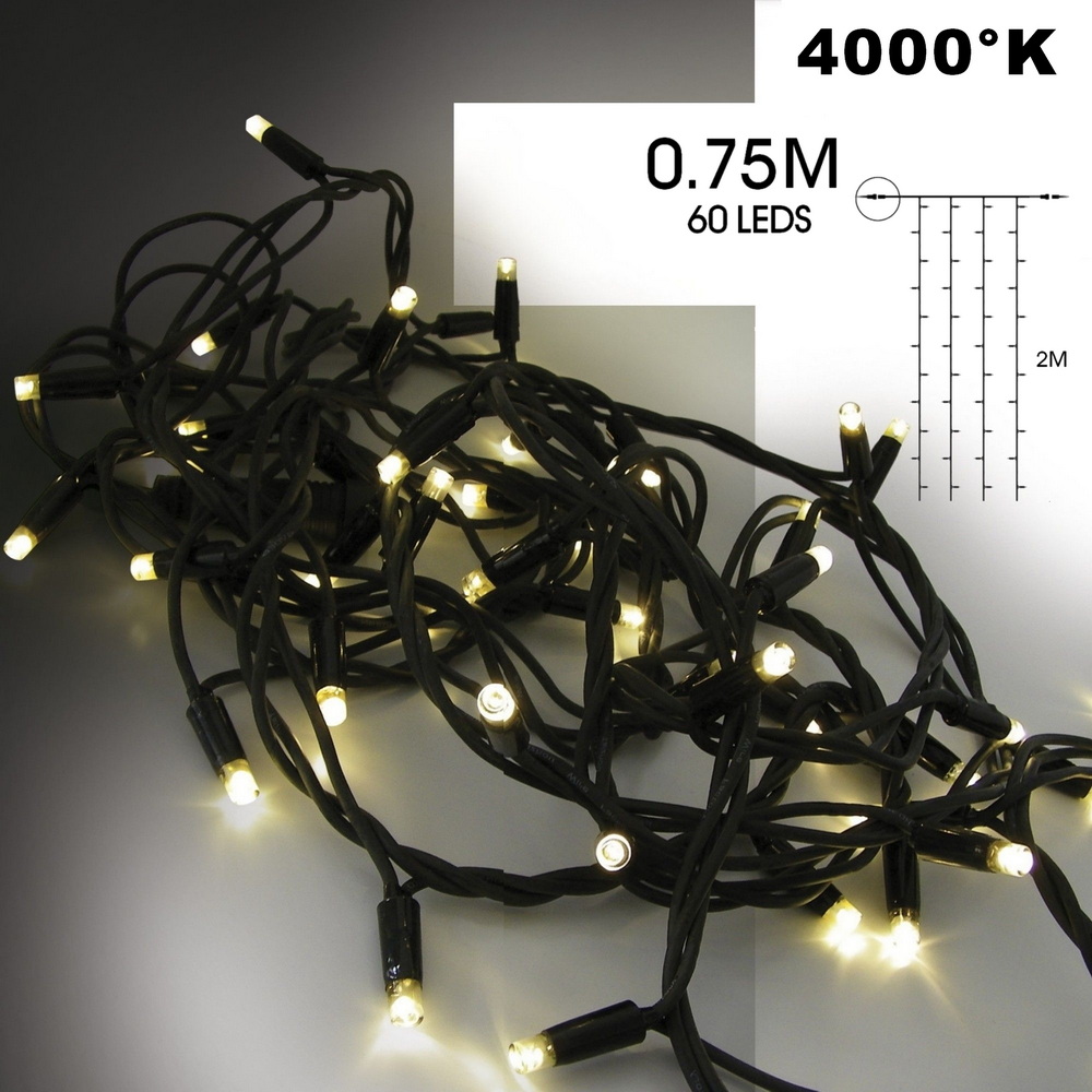 EXTENSION - Rideau long 60 LEDS (Flash) - Larg. 0,75m x Ht 200cm - Fil Noir - Blanc Chaud 4000°K