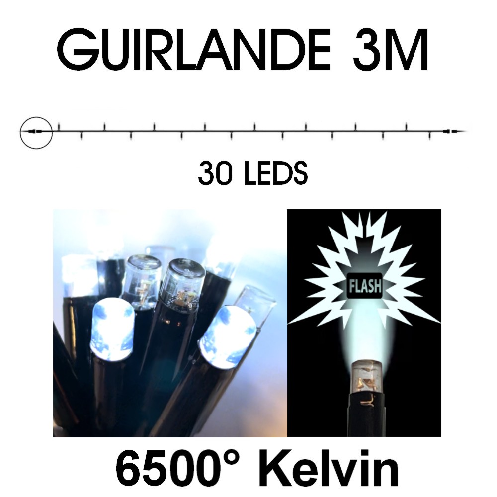 9513 - EXTENSION - Guirlande 30 LEDS (Flash) - 3 m - Fil Noir - Blanc Chaud 6500°K