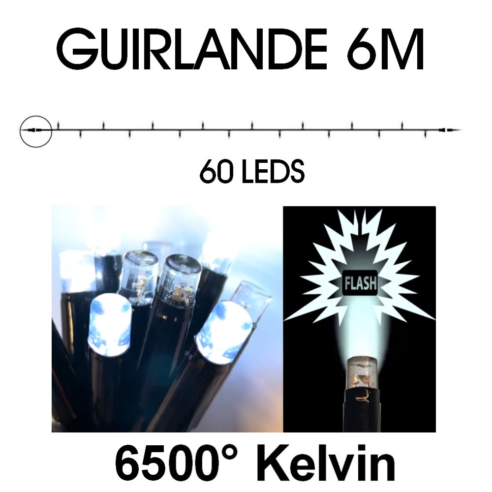 9523 - EXTENSION - Guirlande 60 LEDS (Flash) - 6 m - Fil Noir - Blanc Chaud 6500°K