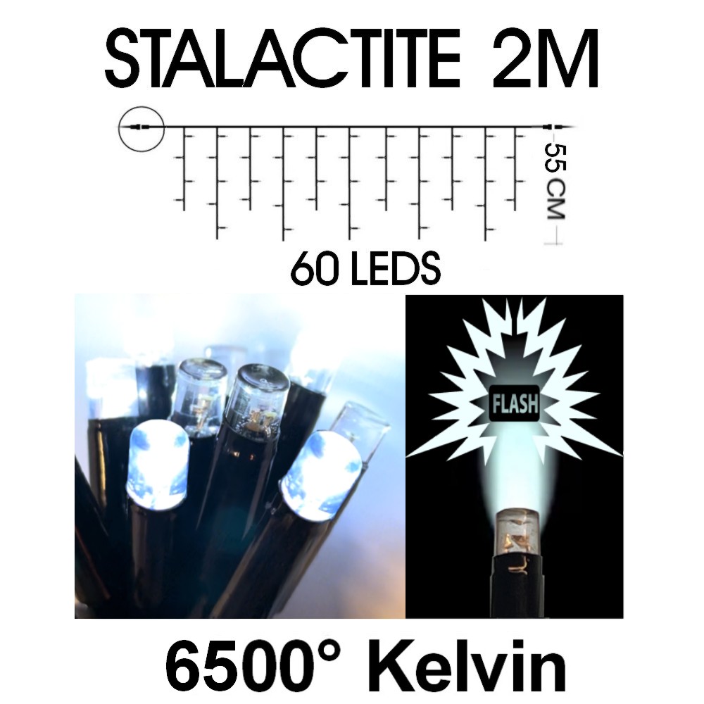9533 - EXTENSION - Stalactite 60 LEDS (Flash) - L 2 m x H 55 cm -  Fil Noir - Blanc Chaud 6500°K
