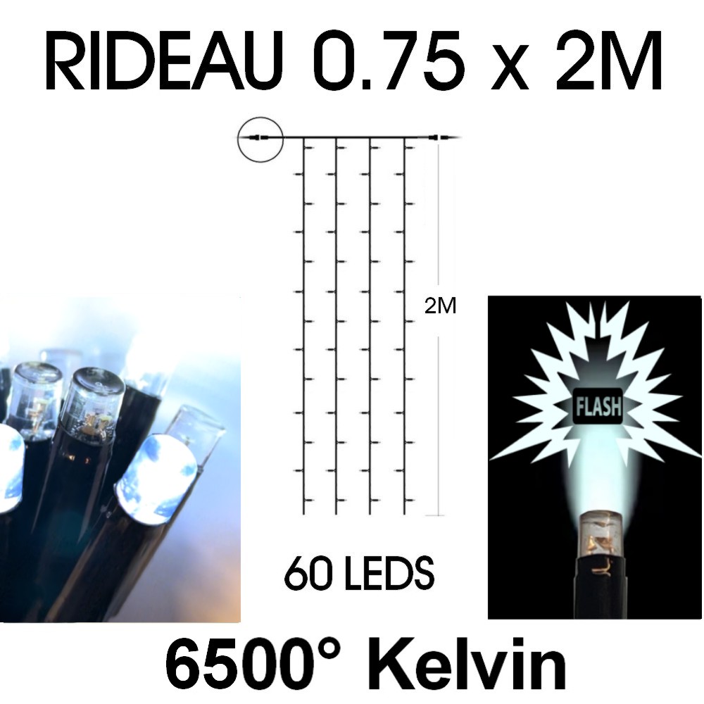 9553 - EXTENSION - Rideau long 60 LEDS (Flash) - Larg. 0,75m x Ht 200cm - Fil Noir - Blanc Chaud 6500°K