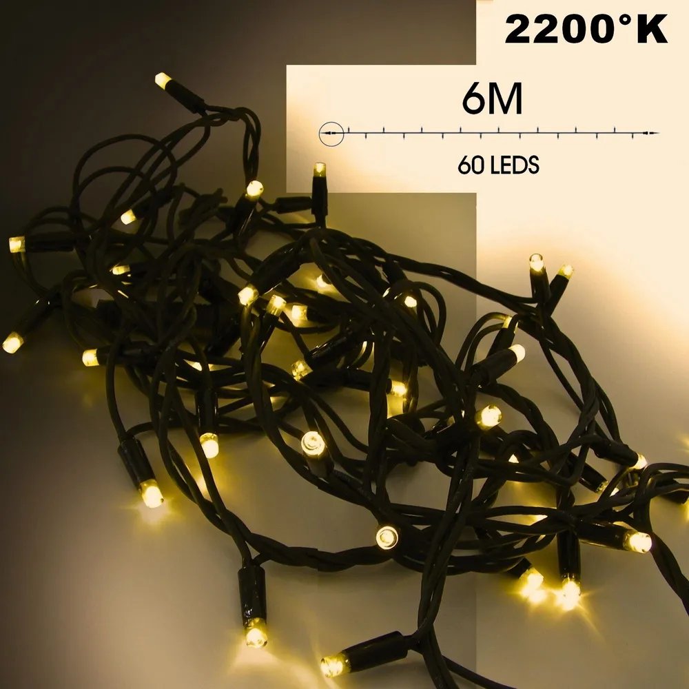 EXTENSION - Guirlande 60 LEDS (Fixe) - 6 m - Fil Noir - Blanc Chaud 2200°k