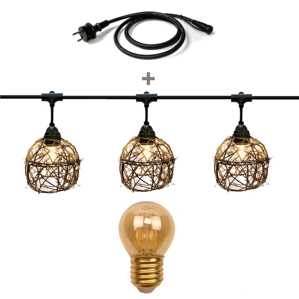Guirlande 6m ROTIN NATUREL (Ampoules Antic) 8xE27 LED 2W -1700K + prise