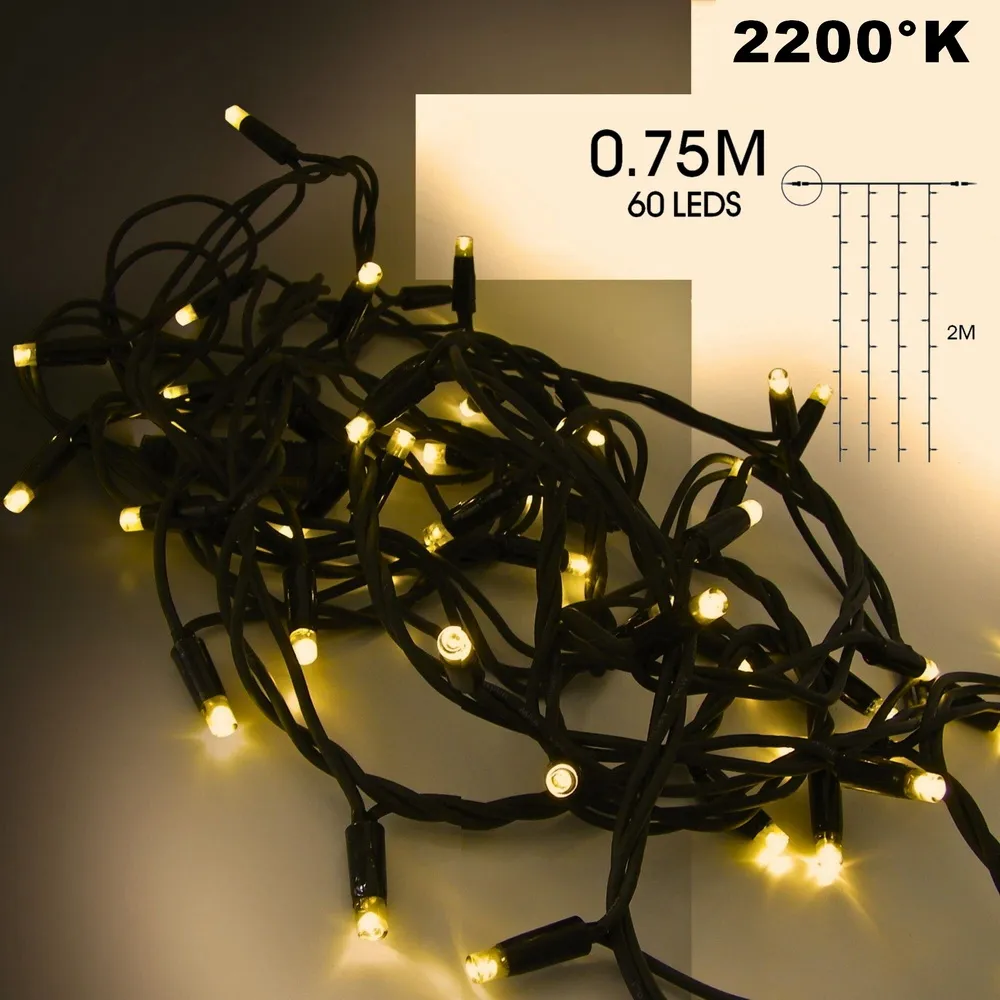[9550] EXTENSION - Long curtain 60 LEDs (fixed) - Width 0.75m x Height 200cm - Black Wire - Warm White 2200°K