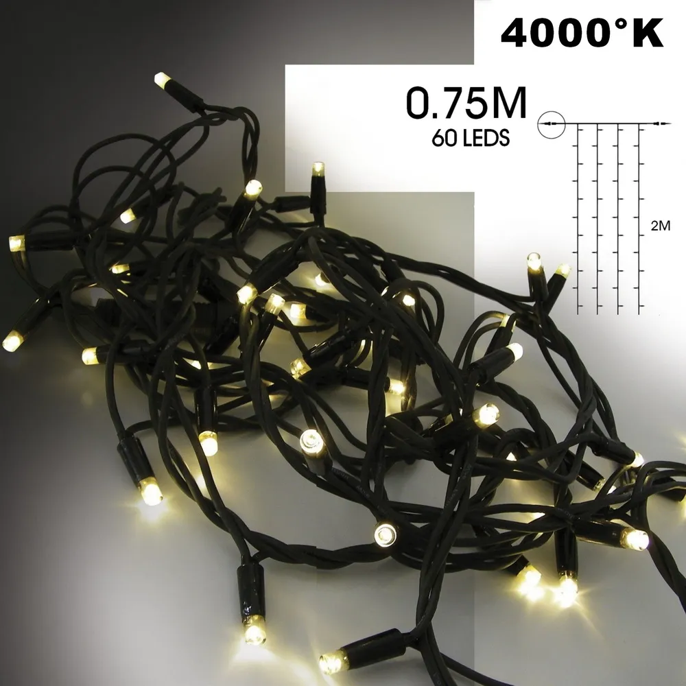 [9552] EXTENSION - Rideau long 60 LEDS (Flash) - Larg. 0,75m x Ht 200cm - Fil Noir - Blanc Chaud 4000°K