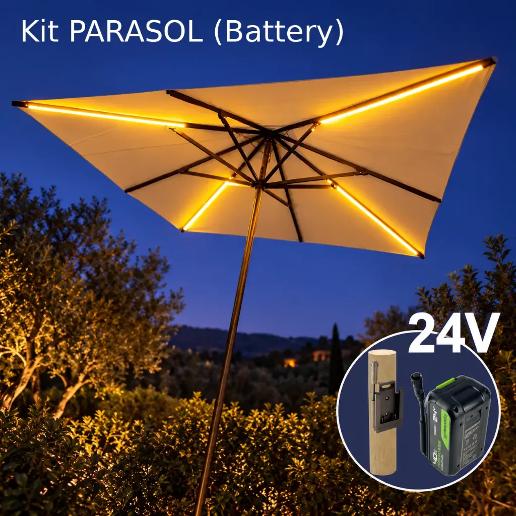[1014B] Kit Eclairage Parasols PRO Batteries : 4x Ruban LED 1.1m (4x750 Lumens)
