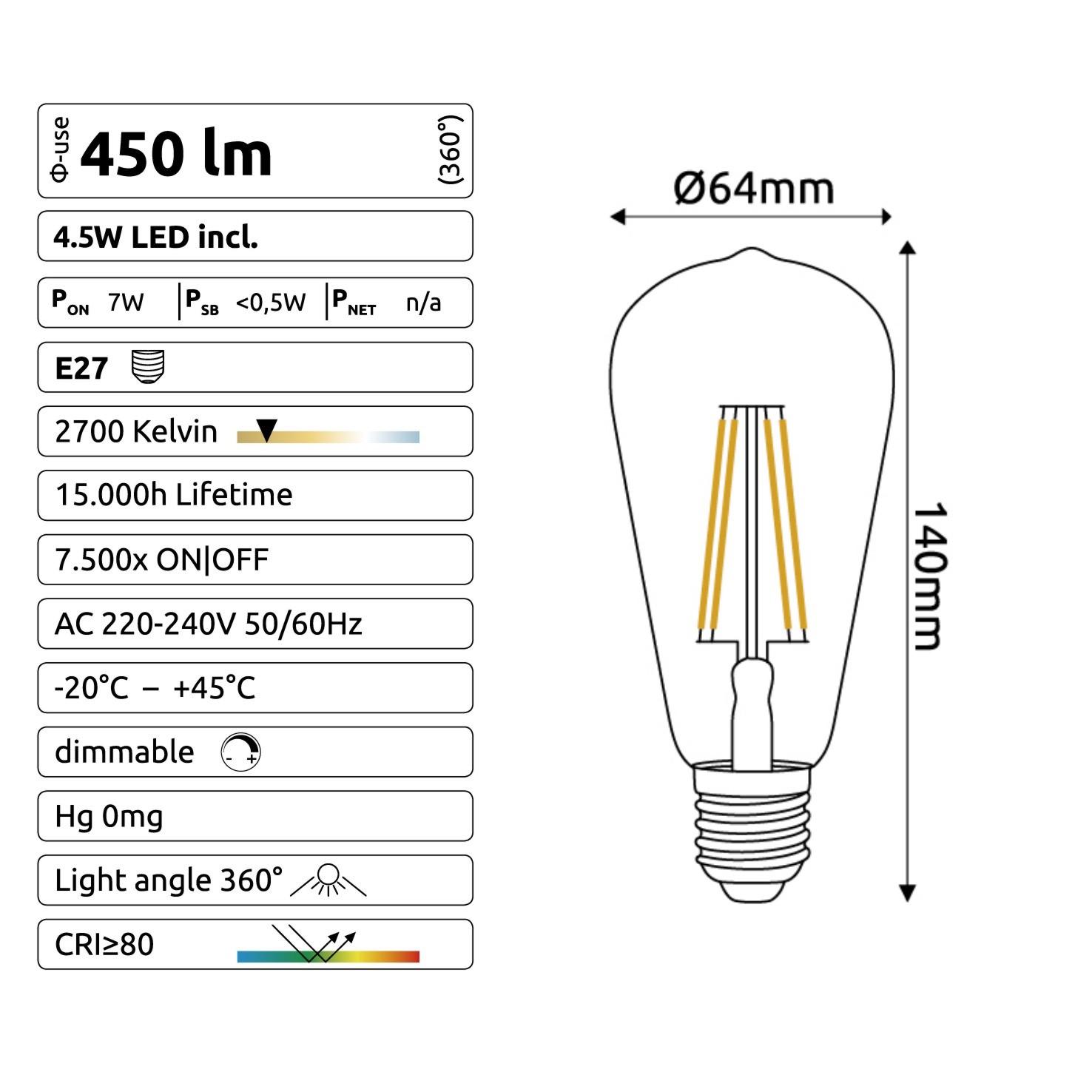 [C720] C720 - Amp. E27/ST64 -4,5W - 450 lm - Dim. -2700°K - Milky