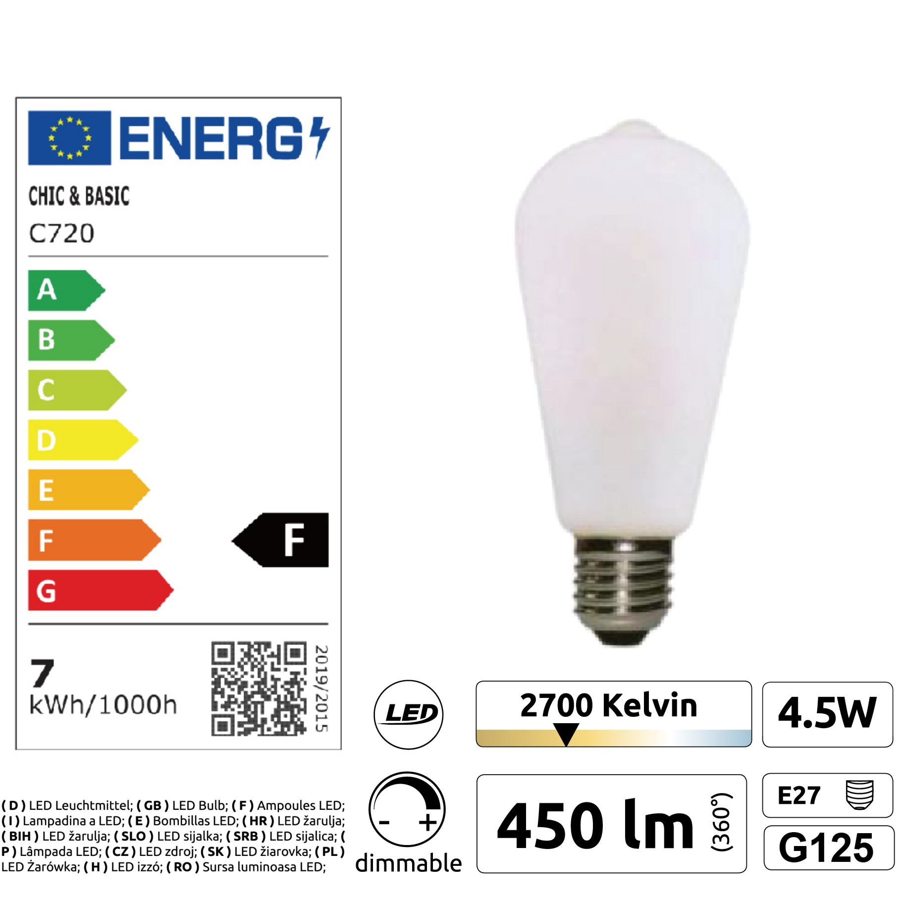 [C720] C720 - Amp. E27/ST64 -4,5W - 450 lm - Dim. -2700°K - Milky