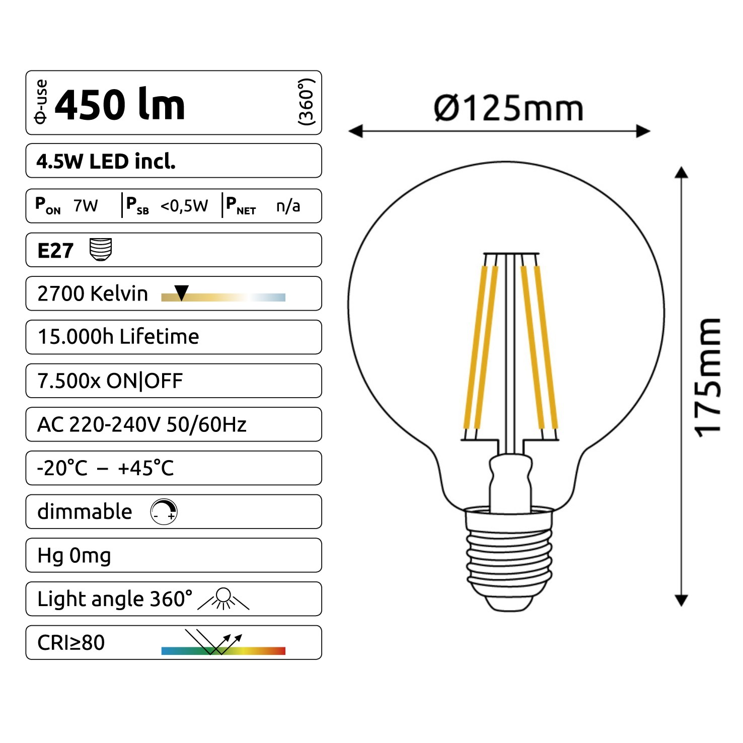 [C920] C920 - Amp. E27/G125 - 4,5W - 450 lm - Dim. - 2700°K - Milky