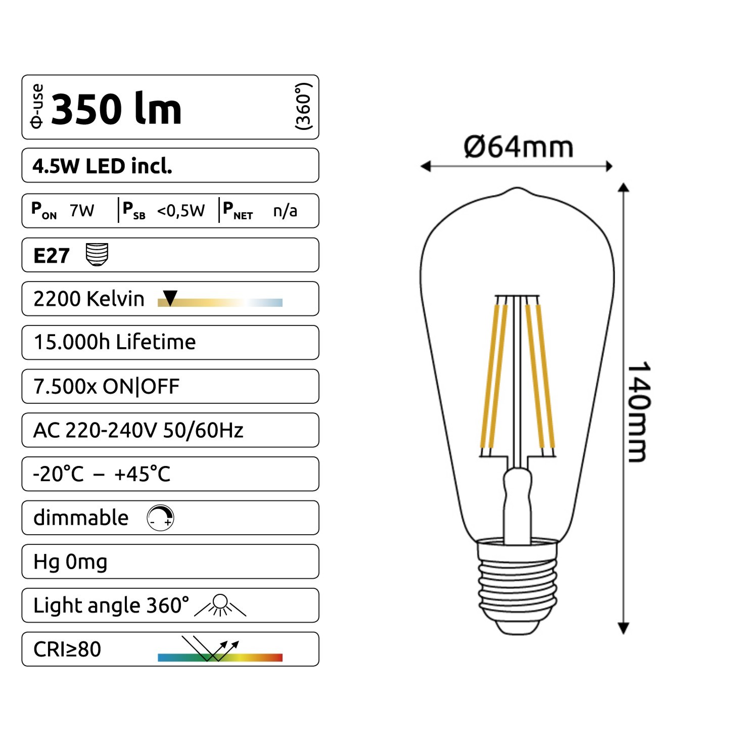 [C722] C722 -  Amp.  E27/ST64 -4,5W - 450 lm - Dim. -2200°K - Vintage