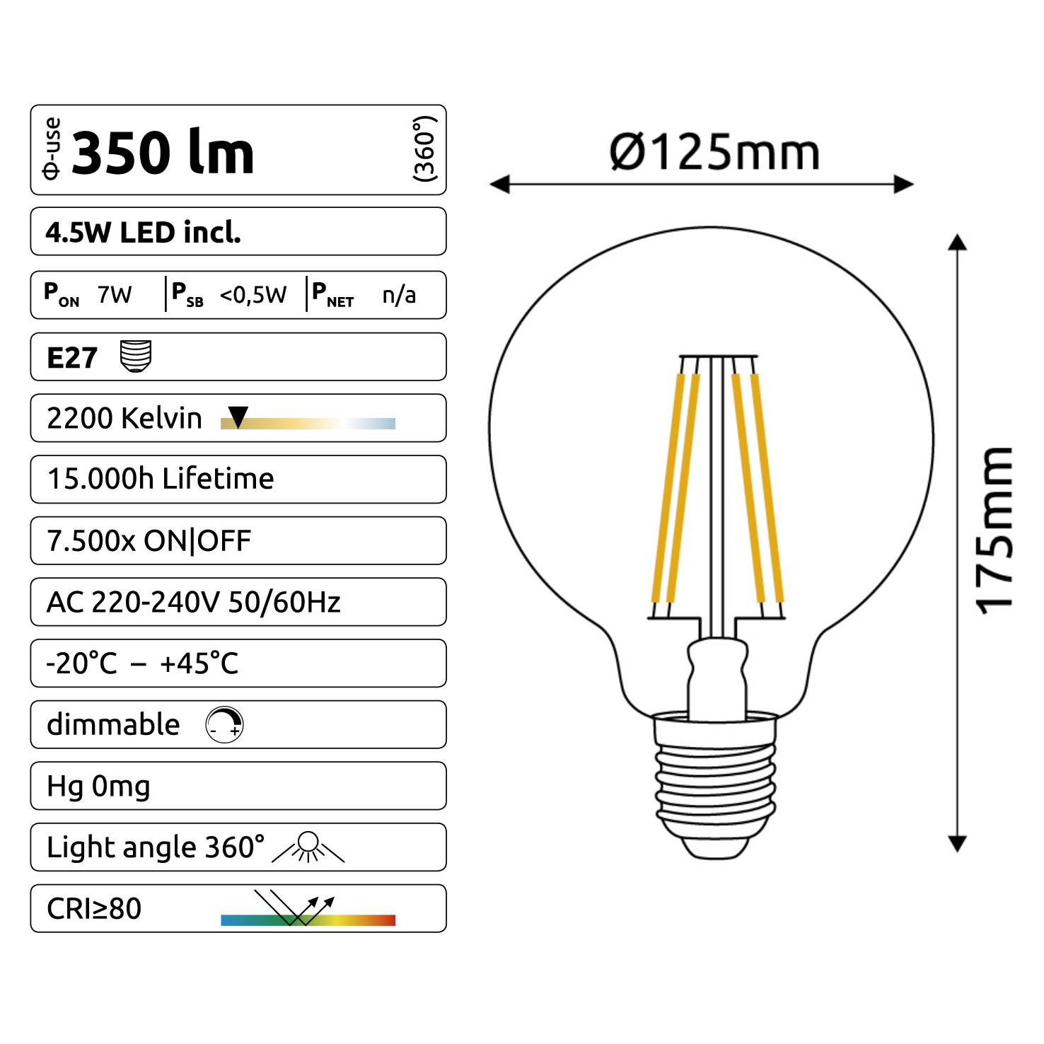 [C922] C922 -  Amp.  E27/G125 - 4,5W - 450 lm - Dim. - 2200°K - Vintage