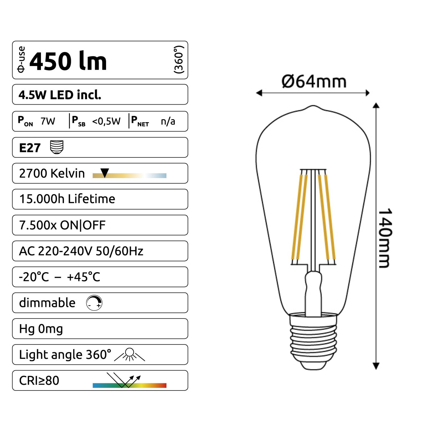 [C723] C723 - E27/ST64 - 4,5W - 450 lm - Dim. -2700°K - Clear