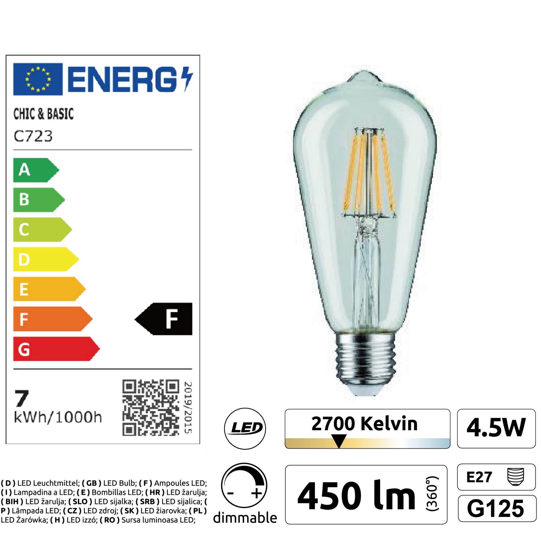 [C723] C723 - E27/ST64 - 4,5W - 450 lm - Dim. -2700°K - Clear
