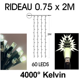 [9552] 9552 - EXTENSION - Rideau long 60 LEDS (Flash) - Larg. 0,75m x Ht 200cm - Fil Noir - Blanc Chaud 4000°K