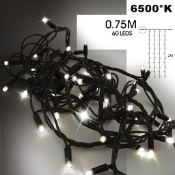 [9553] EXTENSION - Rideau long 60 LEDS (Flash) - Larg. 0,75m x Ht 200cm - Fil Noir - Blanc Froid 6500°K