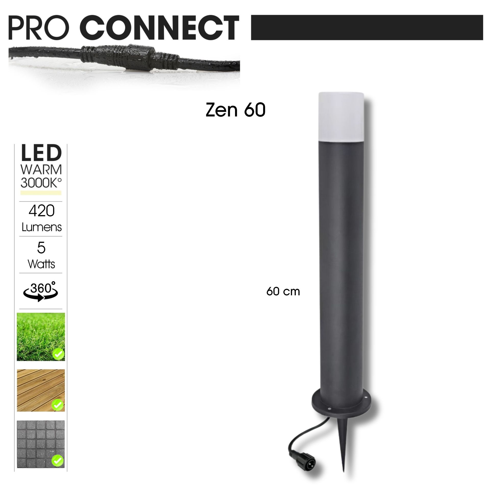 [4224] 4224 - Borne Noire ZEN, Ø 8,4cm + Piquet Ht 60cm