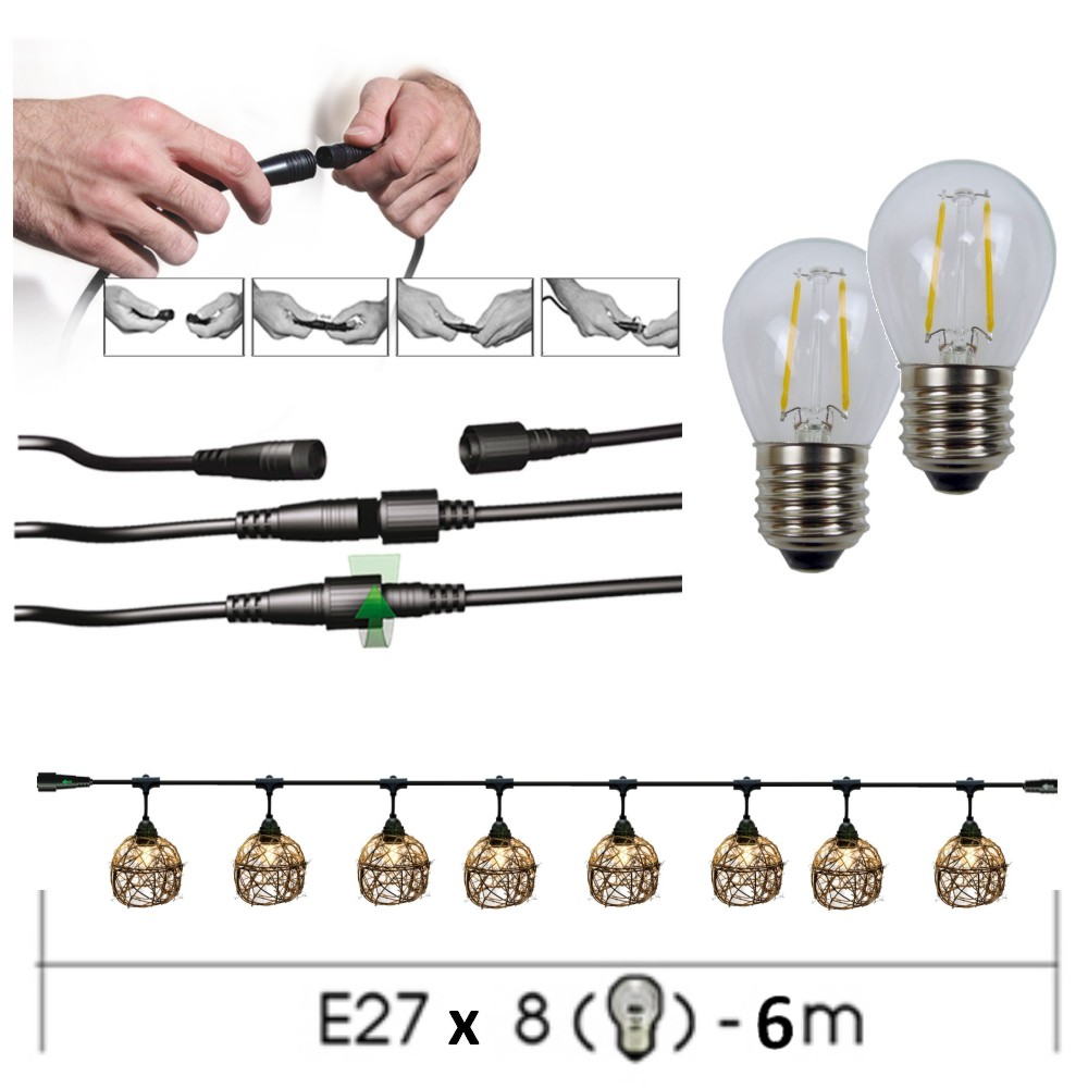 [8606-33-60L] 8606-33-60L - Guirlande 6m 8xE27 Rattan Ball