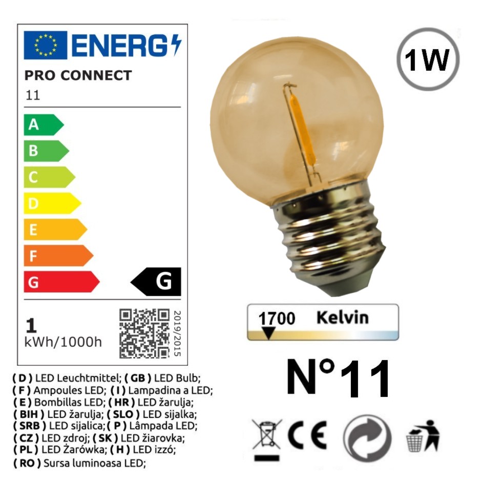 [G11x6] G11 - 6 Amp. Incassable E27/G55 Fil. LED 1W 1700K - Antic (Soit 2.95€/pc) (copie)